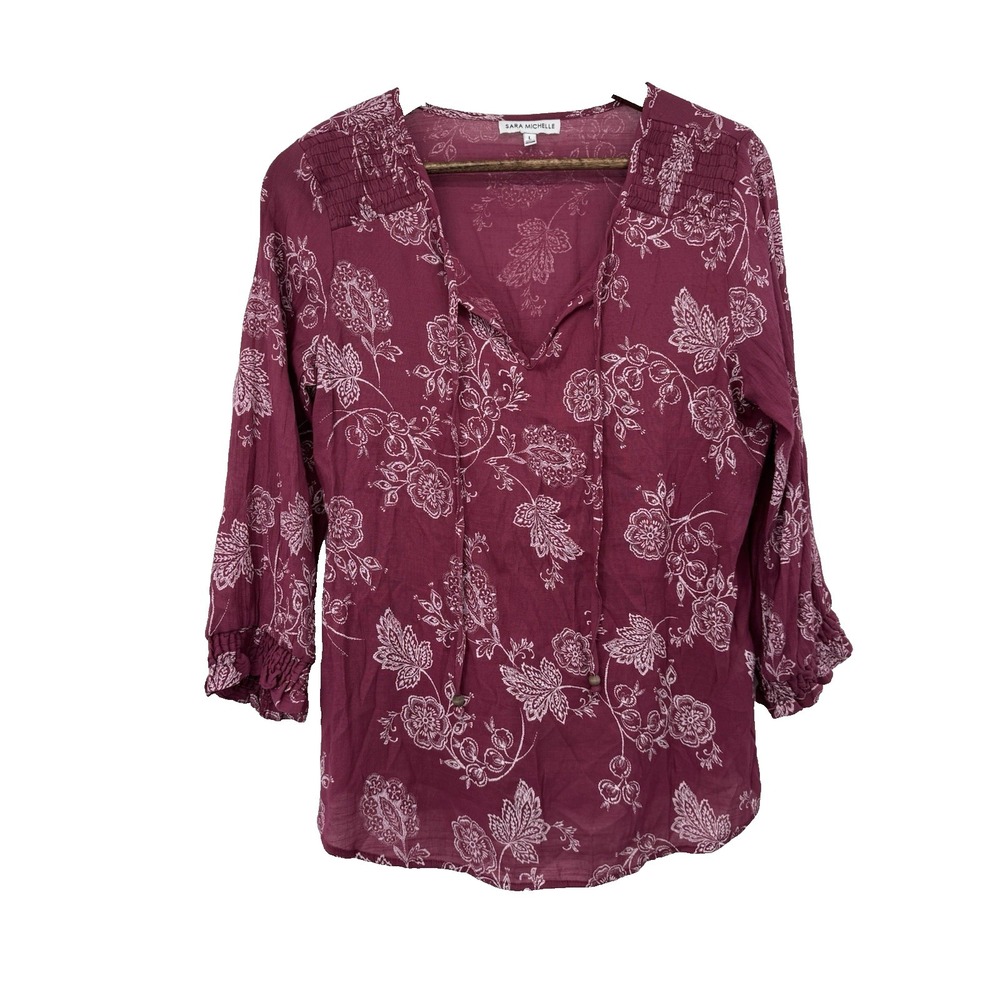 Sara Michelle Mauve Floral Boho Blouse L Peasant 3/4 Sleeve Cottage Fairy light